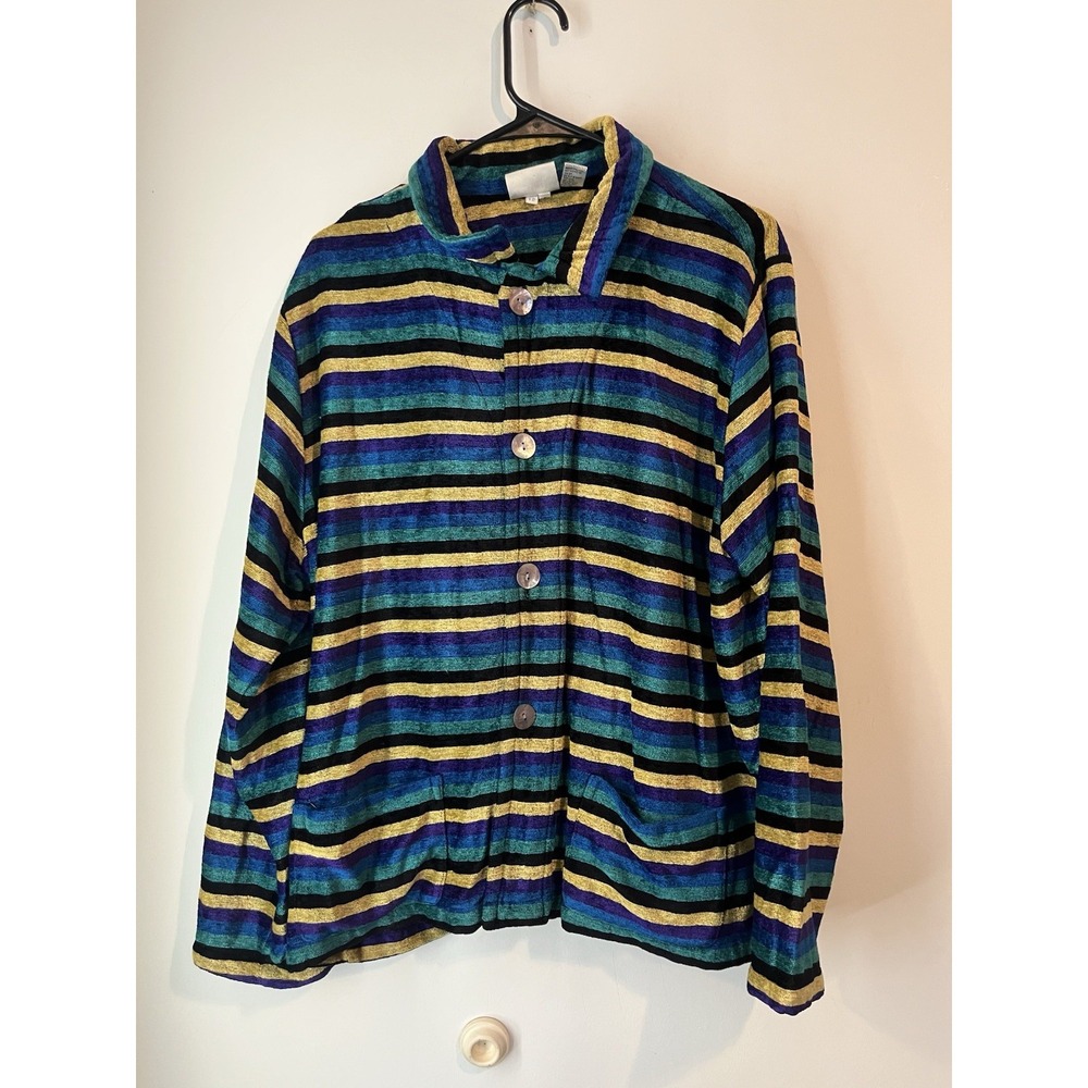 Vintage Chicos Design Velvet Long Sleeve Pearl‎ Button Down XL Size 3 Striped